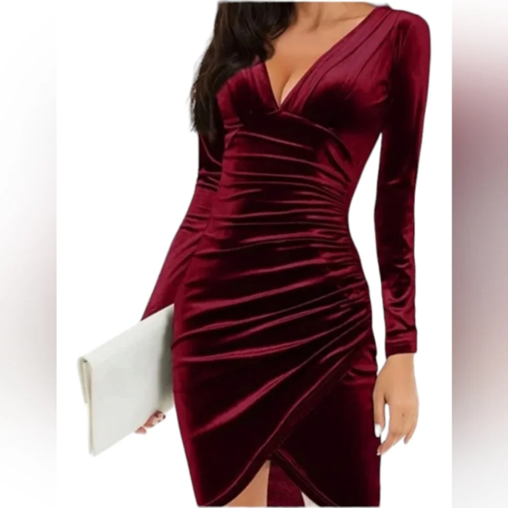 HUHOT WINE VELVET PLUNGING NECKLINE MINI BODYCON DRESS NWOT SIZE L - Picture 5 of 12